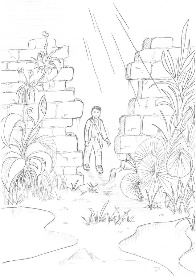 Secret Garden - A slightly shabby-looking man approaches a gap in a wall in astonishment. On the other side there is lush vegetation, but it remains unclear what exactly the man is seeing as he steps closer.