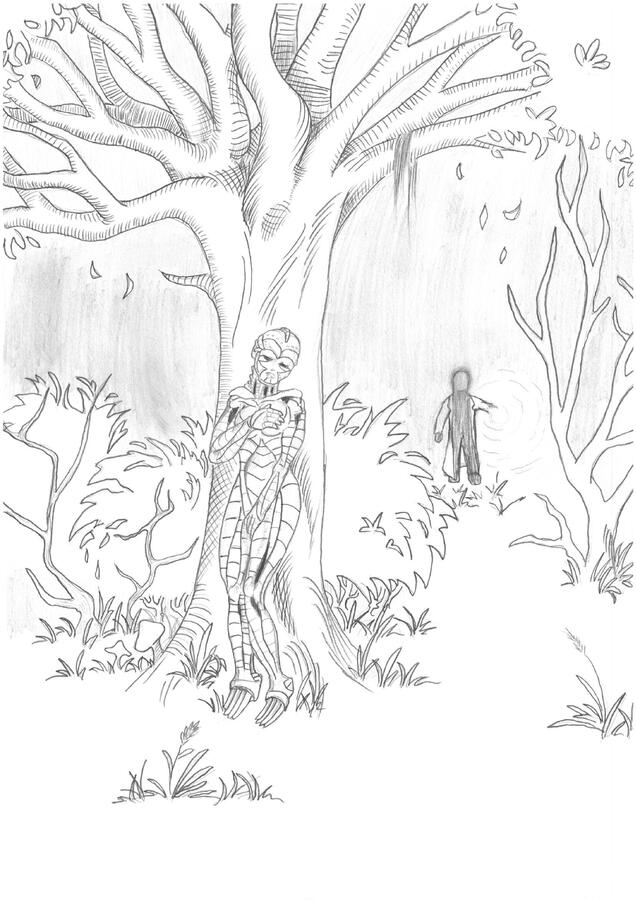 Ashamed - A blend of the Frankenstein story and the creation myth from the Old Testament. A scientist has built a woman-like robot who awakens to consciousness and realizes she is without clothes. Feeling ashamed, she flees into the forest.