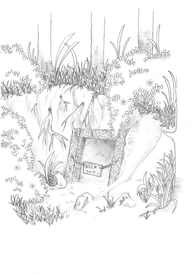 Abandoned Mine - One of the early versions of a recurring theme of mine: something is hidden, but it’s unclear what it is. Tree roots growing out of the soil wall bring in the themes of growth and time – life slowly reclaiming a forgotten human trace.